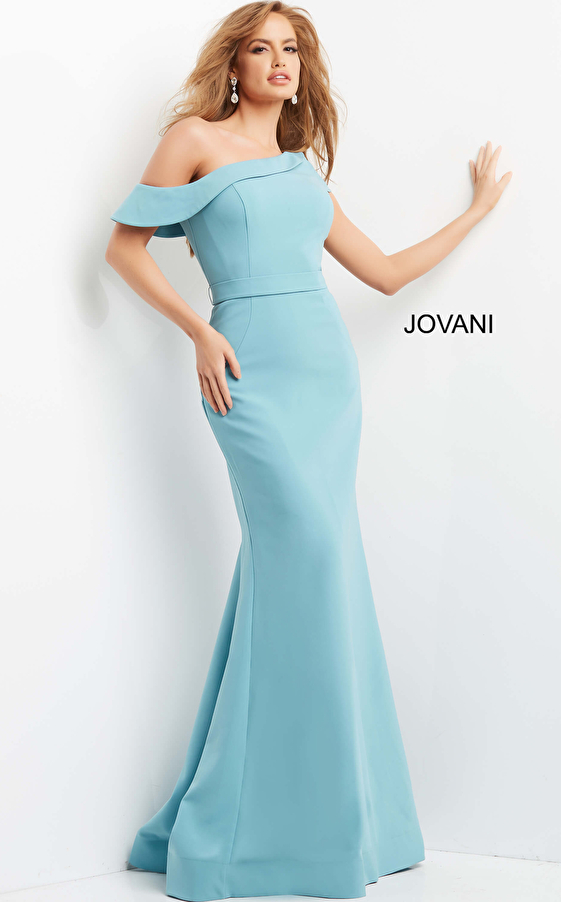 Jovani 09129 Seafoam Asymmetric Neckline Sheath Evening Dress